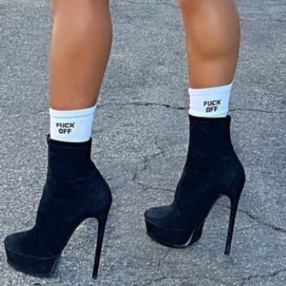 UNISEX "F*CK OFF" Solid White Calf Crew Socks - Picture 2 of 5